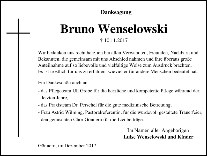  Traueranzeige für Bruno Wenselowski vom 02.12.2017 aus Wetzlarer Neue Zeitung