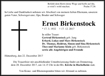Traueranzeige von Ernst Birkenstock von Wetzlarer Neue Zeitung