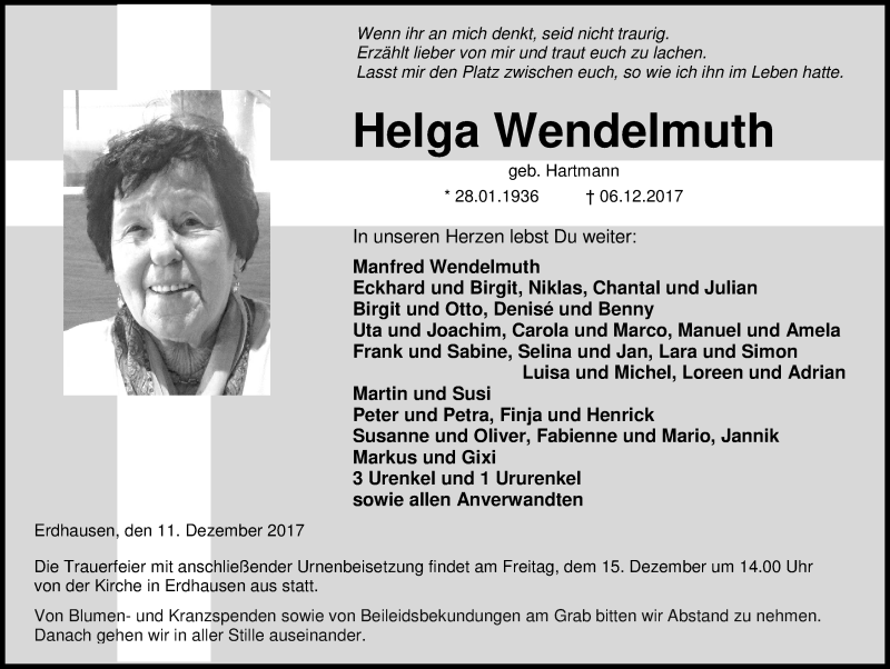  Traueranzeige für Helga Wendelmuth vom 11.12.2017 aus Wetzlarer Neue Zeitung