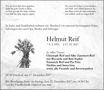 Traueranzeige von Helmut Reif von Wetzlarer Neue Zeitung