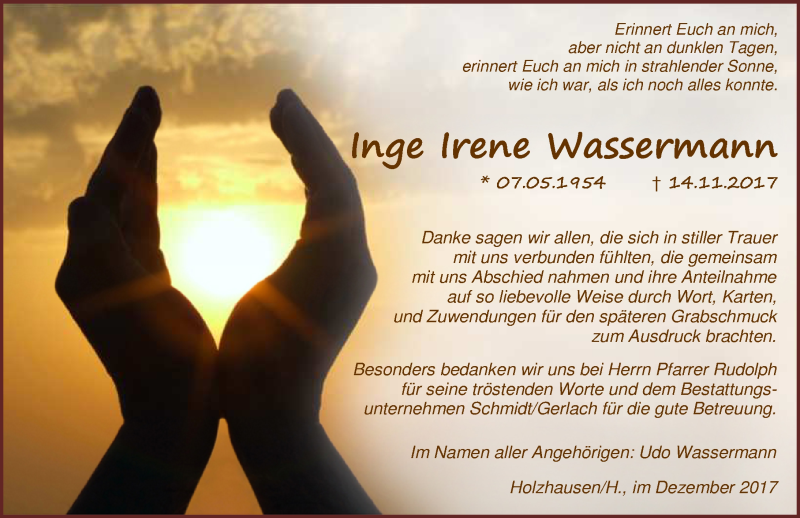 Traueranzeige für Inge Irene Wassermann vom 21.12.2017 aus Wetzlarer Neue Zeitung