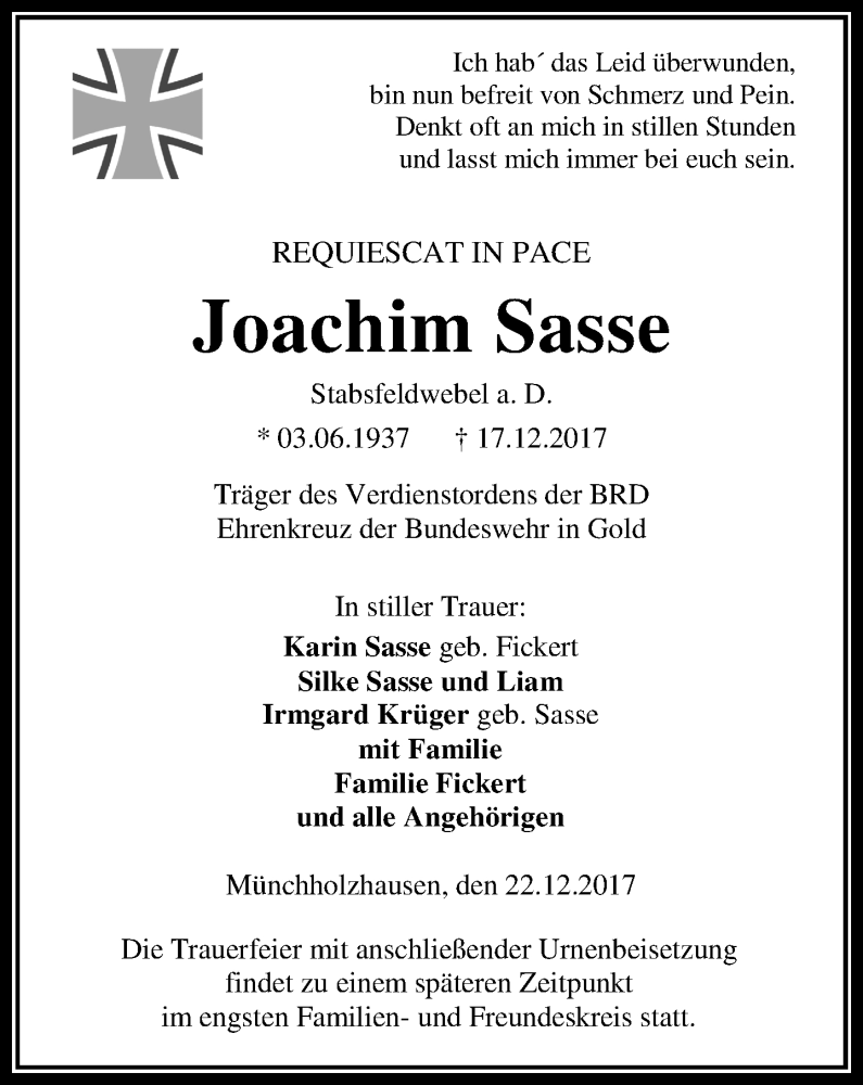  Traueranzeige für Joachim Sasse vom 22.12.2017 aus Wetzlarer Neue Zeitung