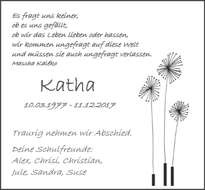  Traueranzeige für Katharina Künkel vom 19.12.2017 aus Wetzlarer Neue Zeitung