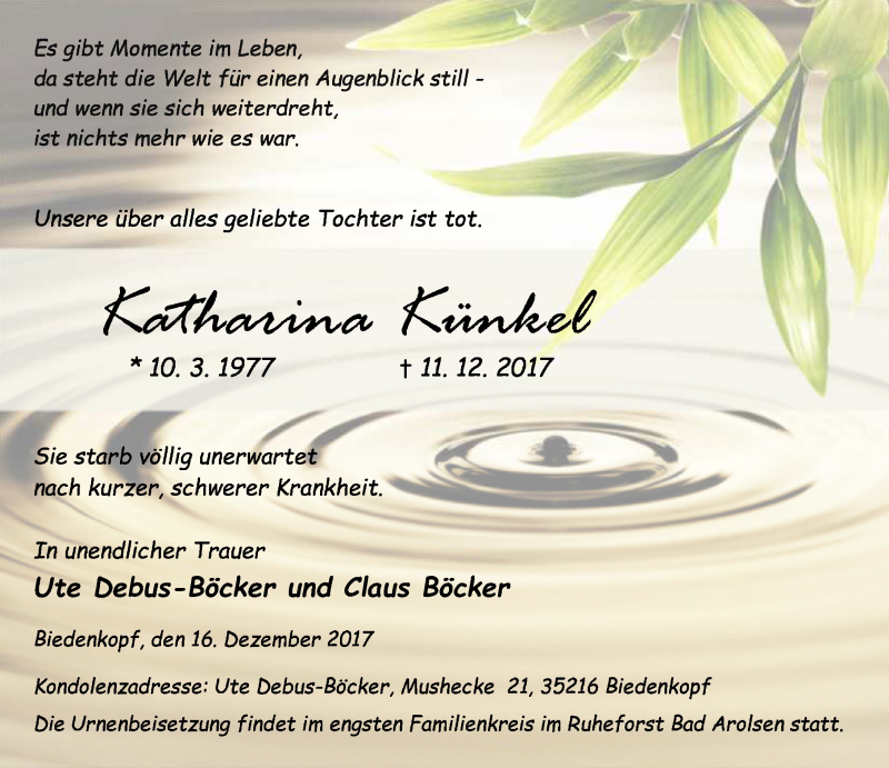  Traueranzeige für Katharina Künkel vom 16.12.2017 aus Wetzlarer Neue Zeitung