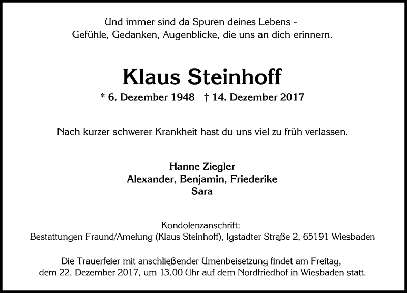  Traueranzeige für Klaus Steinhoff vom 19.12.2017 aus Wetzlarer Neue Zeitung