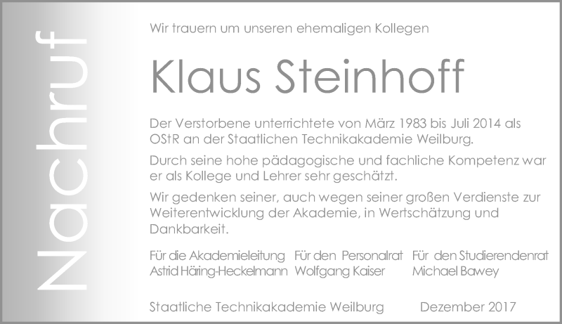  Traueranzeige für Klaus Steinhoff vom 22.12.2017 aus Wetzlarer Neue Zeitung