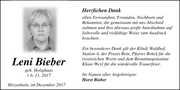 Traueranzeige von Leni Bieber von Wetzlarer Neue Zeitung