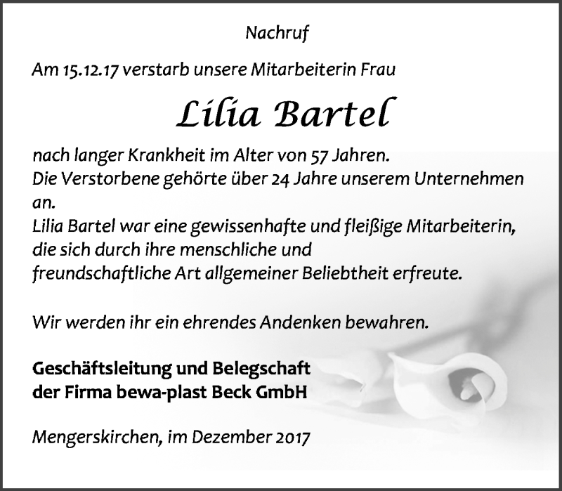  Traueranzeige für Lilia Bartel vom 22.12.2017 aus Wetzlarer Neue Zeitung