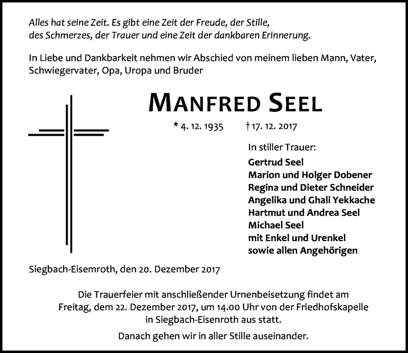  Traueranzeige für Manfred Seel vom 20.12.2017 aus Wetzlarer Neue Zeitung