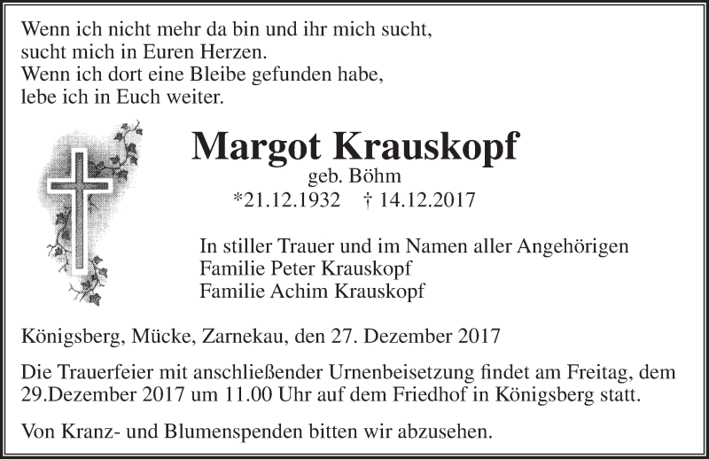 Traueranzeige für Margot Krauskopf vom 27.12.2017 aus Wetzlarer Neue Zeitung