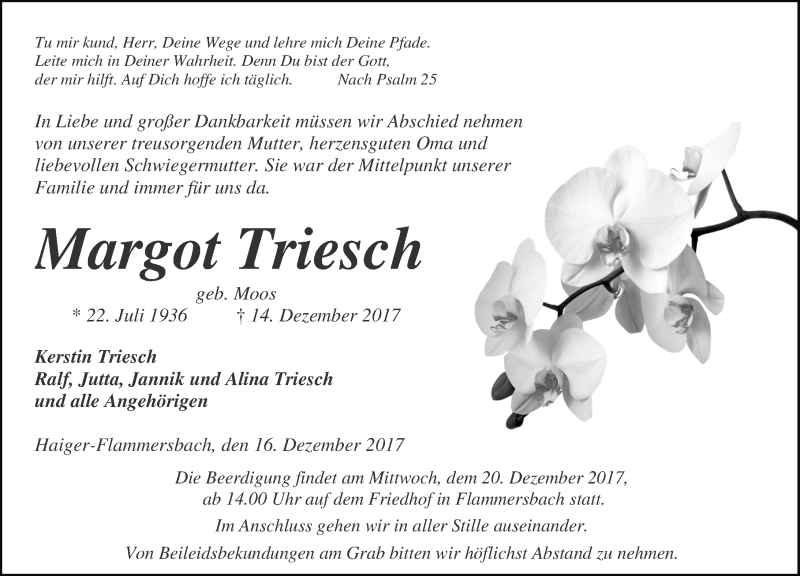  Traueranzeige für Margot Triesch vom 16.12.2017 aus Wetzlarer Neue Zeitung