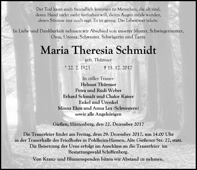  Traueranzeige für Maria Theresia Schmidt vom 22.12.2017 aus Wetzlarer Neue Zeitung