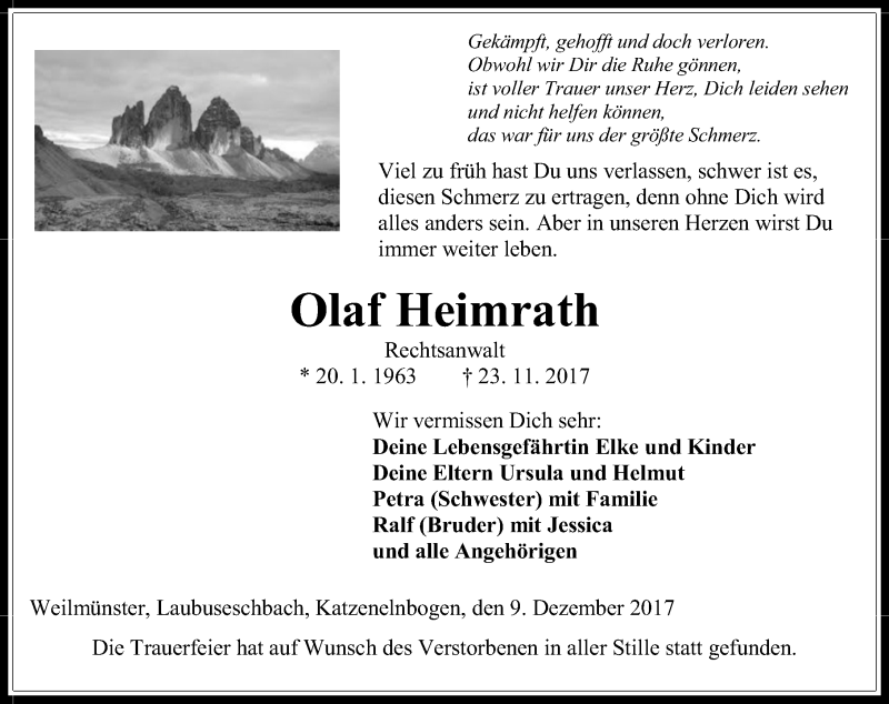  Traueranzeige für Olaf Heimrath vom 09.12.2017 aus Wetzlarer Neue Zeitung