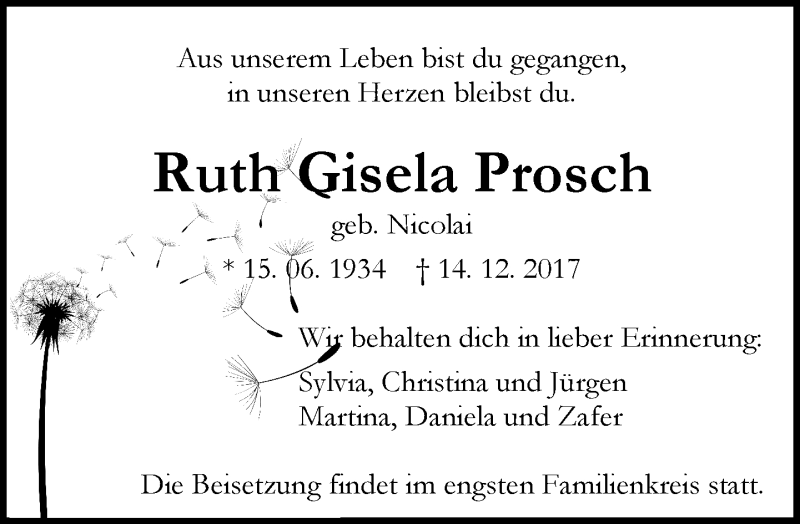  Traueranzeige für Ruth Gisela Prosch vom 19.12.2017 aus Wetzlarer Neue Zeitung
