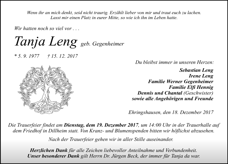  Traueranzeige für Tanja Leng vom 18.12.2017 aus Wetzlarer Neue Zeitung