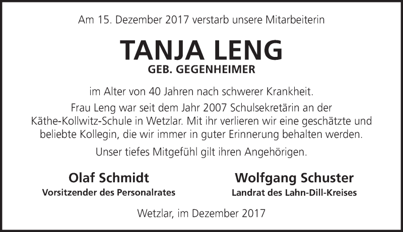  Traueranzeige für Tanja Leng vom 22.12.2017 aus Wetzlarer Neue Zeitung