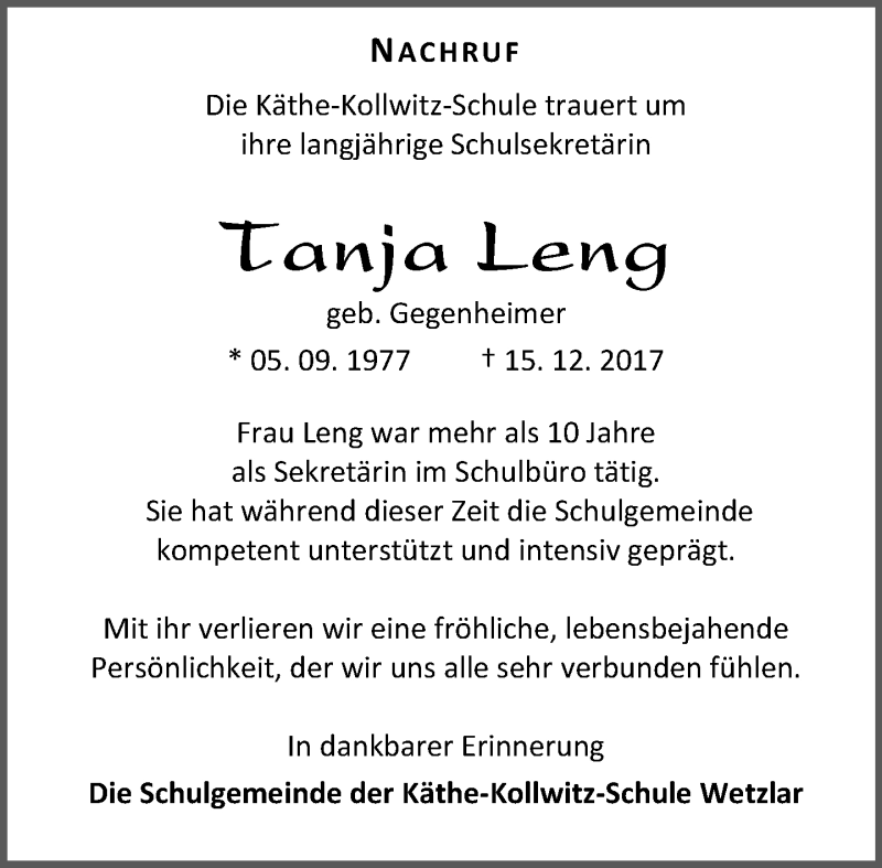  Traueranzeige für Tanja Leng vom 20.12.2017 aus Wetzlarer Neue Zeitung
