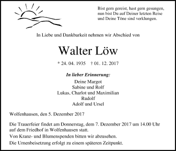 Traueranzeige von Walter Löw von Wetzlarer Neue Zeitung