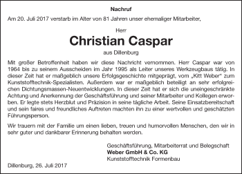 Traueranzeige von Christian Caspar von Wetzlarer Neue Zeitung