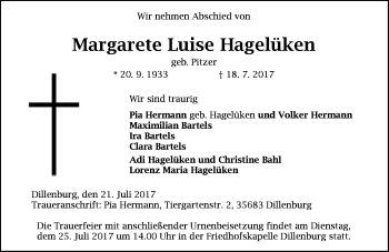 Traueranzeige von Margarete Luise Hagelüken von Wetzlarer Neue Zeitung