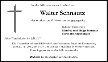 Traueranzeige von Walter Schnautz von Wetzlarer Neue Zeitung