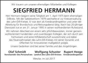 Traueranzeige von Siegfried Hermann von Wetzlarer Neue Zeitung