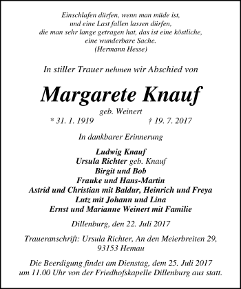 Traueranzeige von Margarete Knauf von Wetzlarer Neue Zeitung