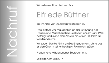 Traueranzeige von Elfriede Büttner von Wetzlarer Neue Zeitung