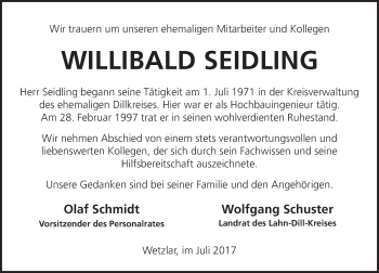 Traueranzeige von Willibald Seidling von Wetzlarer Neue Zeitung