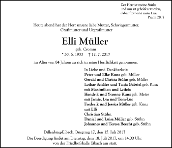 Traueranzeige von Elli Müller von Wetzlarer Neue Zeitung