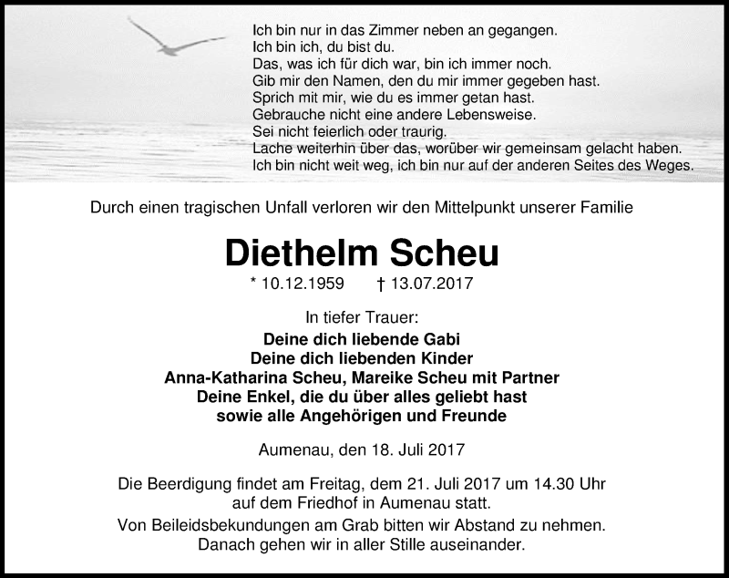  Traueranzeige für Diethelm Scheu vom 18.07.2017 aus Wetzlarer Neue Zeitung