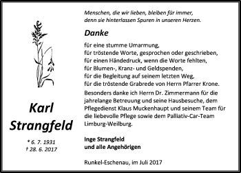 Traueranzeige von Karl Strangfeld von Wetzlarer Neue Zeitung