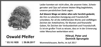Traueranzeige von Oswald Pfeifer von Wetzlarer Neue Zeitung