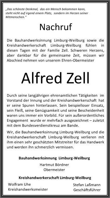 Traueranzeige von Alfred Zell von Wetzlarer Neue Zeitung