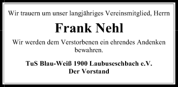 Traueranzeige von Frank Nehl von Wetzlarer Neue Zeitung