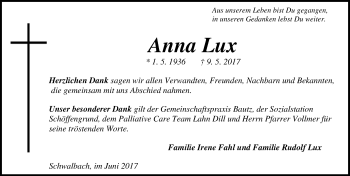 Traueranzeige von Anna Lux von Wetzlarer Neue Zeitung