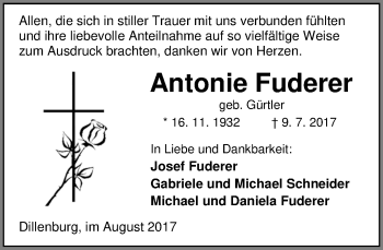 Traueranzeige von Antonie Fuderer von Wetzlarer Neue Zeitung