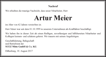 Traueranzeige von Artur Meier von Wetzlarer Neue Zeitung
