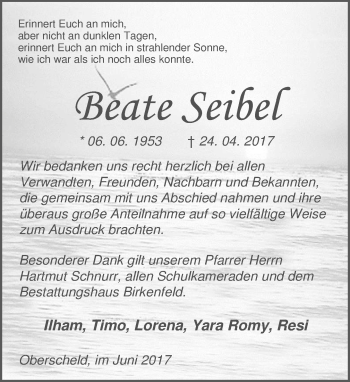 Traueranzeige von Beate Seibel von Wetzlarer Neue Zeitung