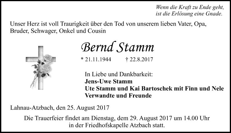 Traueranzeige für Bernd Stamm vom 25.08.2017 aus Wetzlarer Neue Zeitung