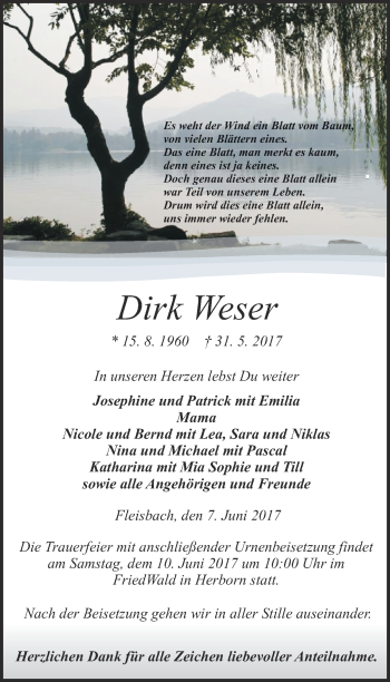 Traueranzeige von Dirk Weser von Wetzlarer Neue Zeitung
