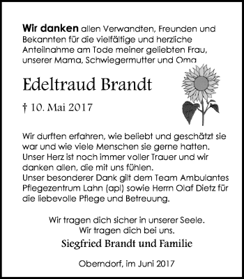 Traueranzeige von Edeltraud Brandt von Wetzlarer Neue Zeitung
