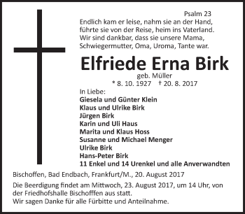Traueranzeige von Elfriede Erna Birk von Wetzlarer Neue Zeitung