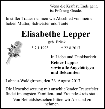 Traueranzeige von Elisabethe Lepper von Wetzlarer Neue Zeitung