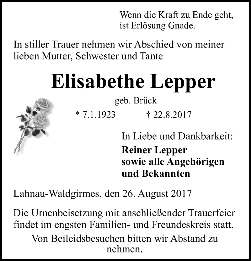 Traueranzeige für Elisabethe Lepper vom 26.08.2017 aus Wetzlarer Neue Zeitung