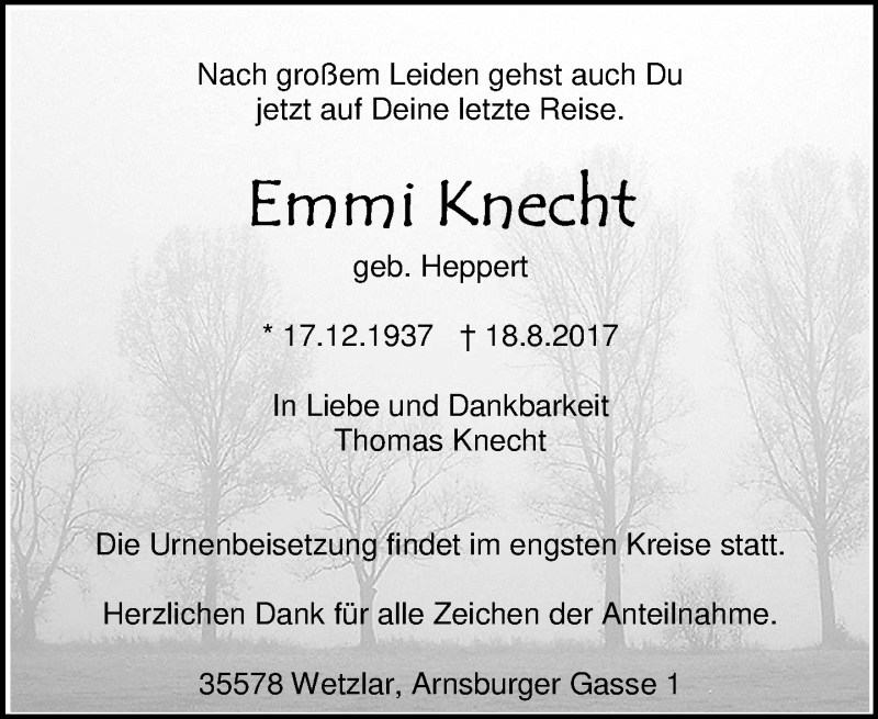  Traueranzeige für Emmi Knecht vom 22.08.2017 aus Wetzlarer Neue Zeitung