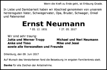 Traueranzeige von Ernst Neumann von Wetzlarer Neue Zeitung