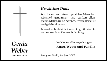 Traueranzeige von Gerda Weber von Wetzlarer Neue Zeitung