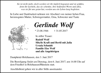 Traueranzeige von Gerlinde Wolf von Wetzlarer Neue Zeitung