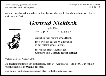 Traueranzeige von Gertrud Nickisch von Wetzlarer Neue Zeitung